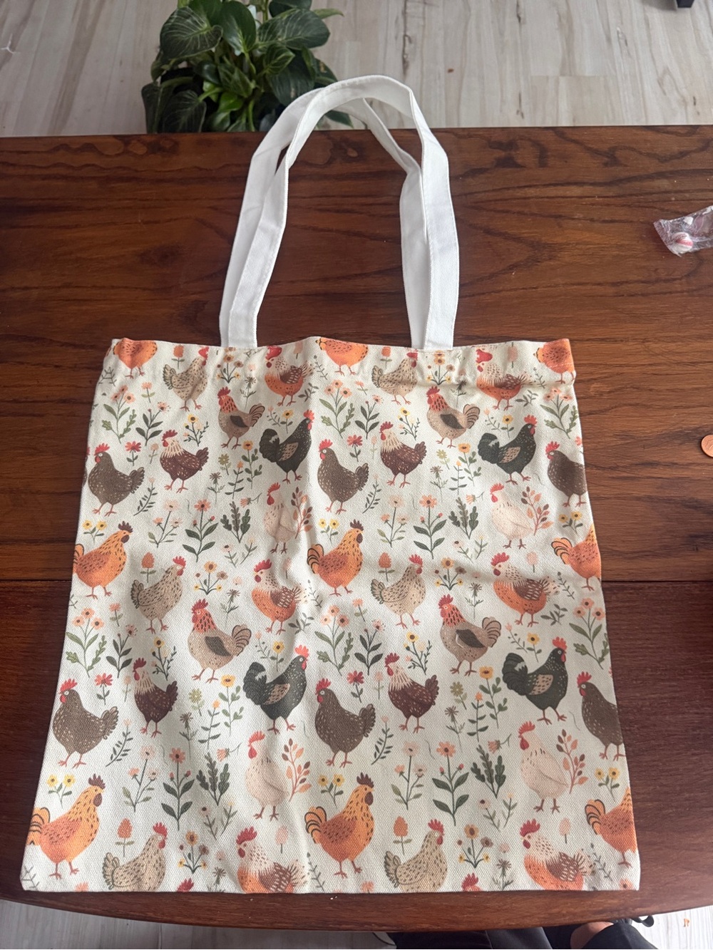 Canvas Tote Bag with Farmyard Hen Print - Cream